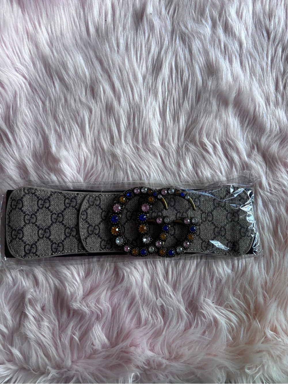 Source Unknown Gray Monogram Belt with Jeweled Double G Buckle